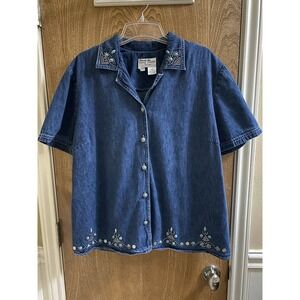 Vintage Betsy Lauren Woman Denim Button Blouse Turquoise Metal Beads 18W Western